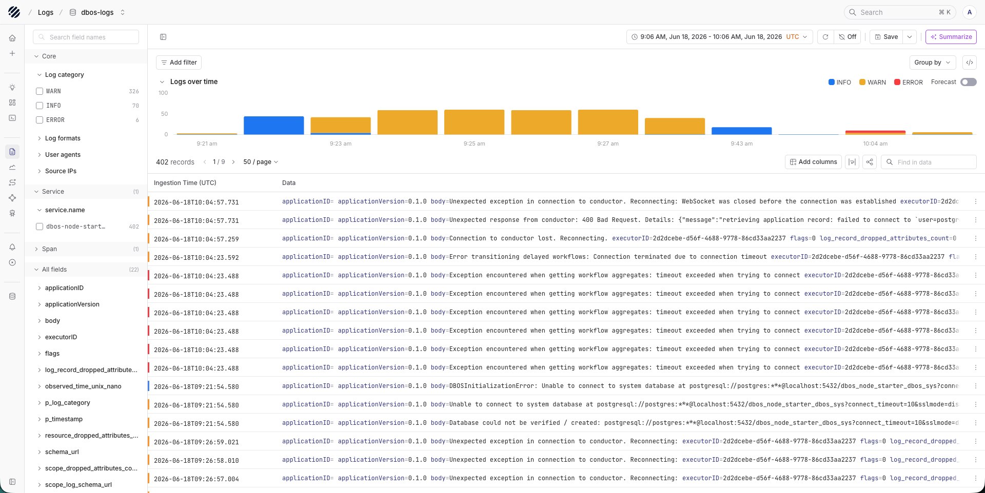 DBOS Logs and Traces on Parseable