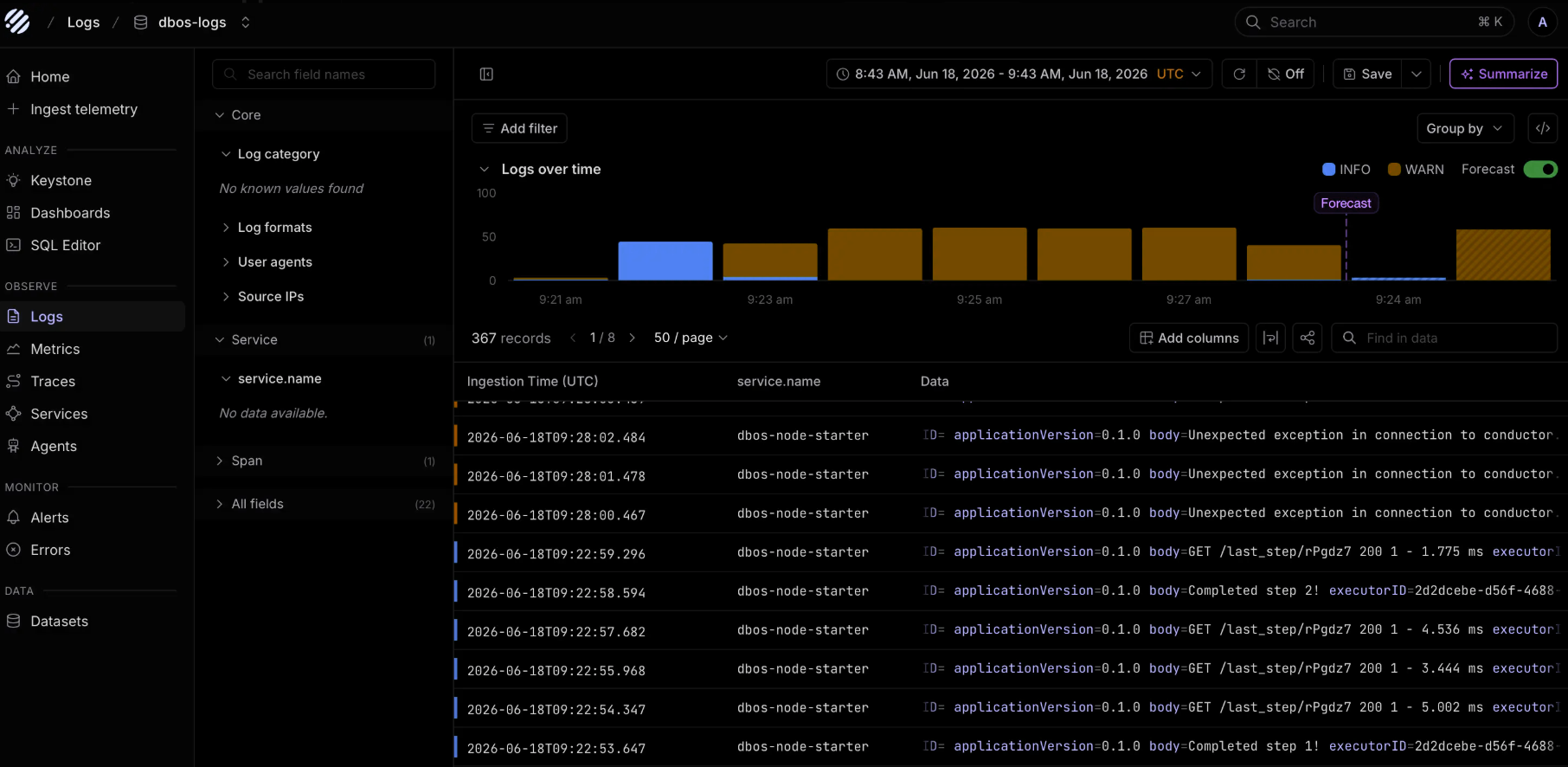 DBOS Logs and Traces on Parseable