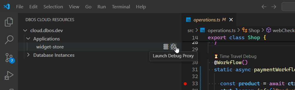 DBOS Time Travel Launch Debug Proxy Screenshot